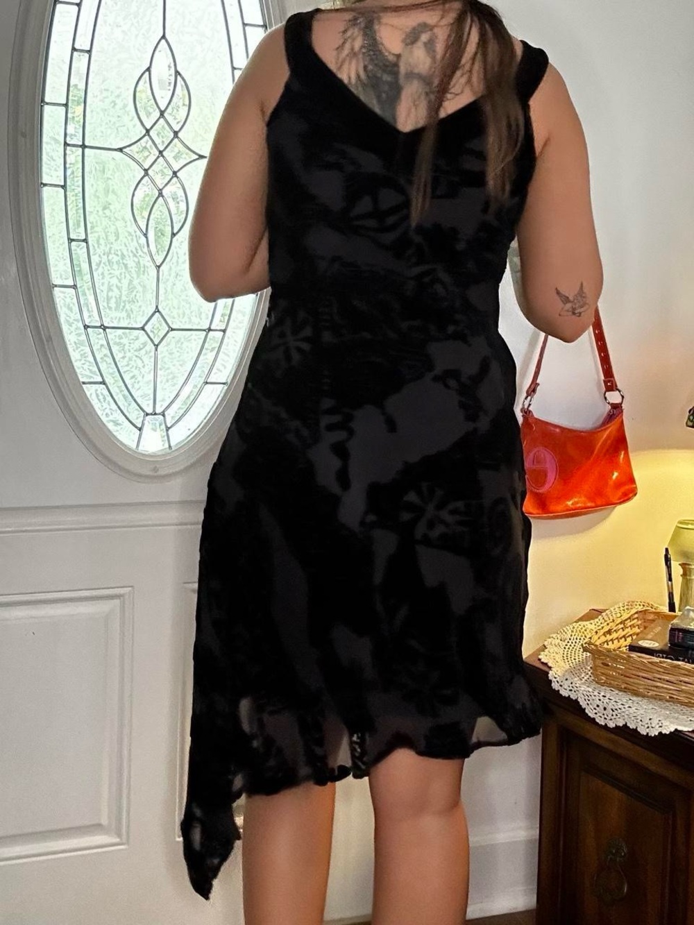 Black Floral Velvet Burnout V-Neck Slip Silk Dress - Women - Picture 4 of 8